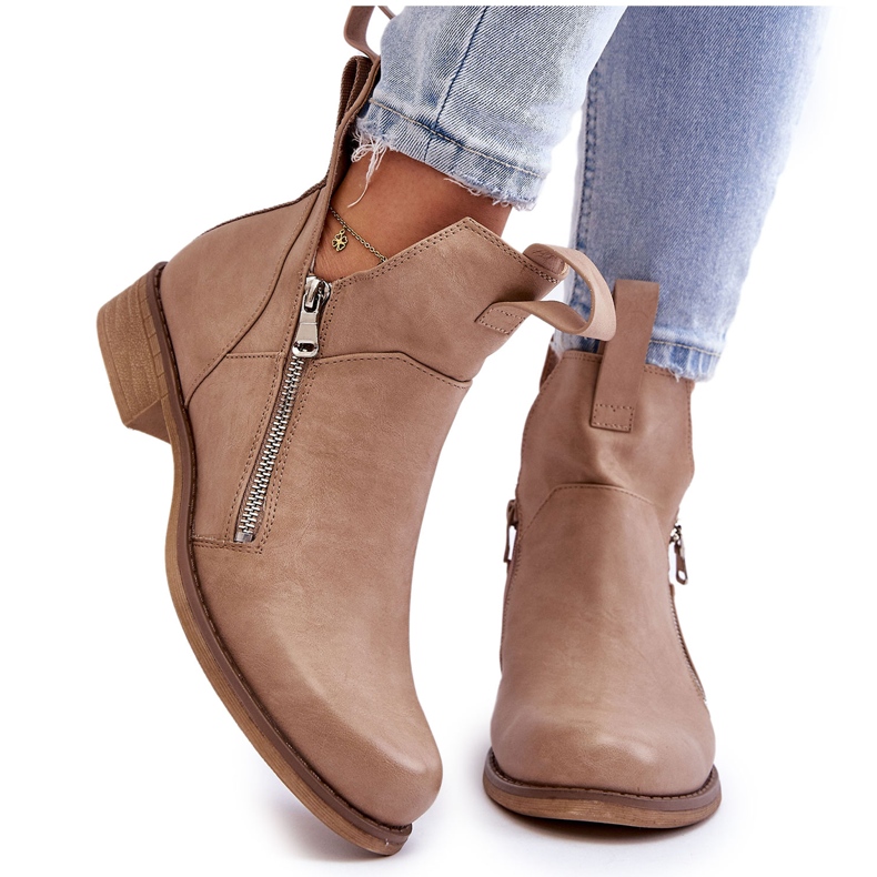 BM Bottes en cuir à talon plat pour femmes Beige Artemis
