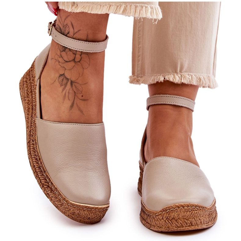 Lemar Sandales Espadrilles en Cuir pour Femme Beige Moise