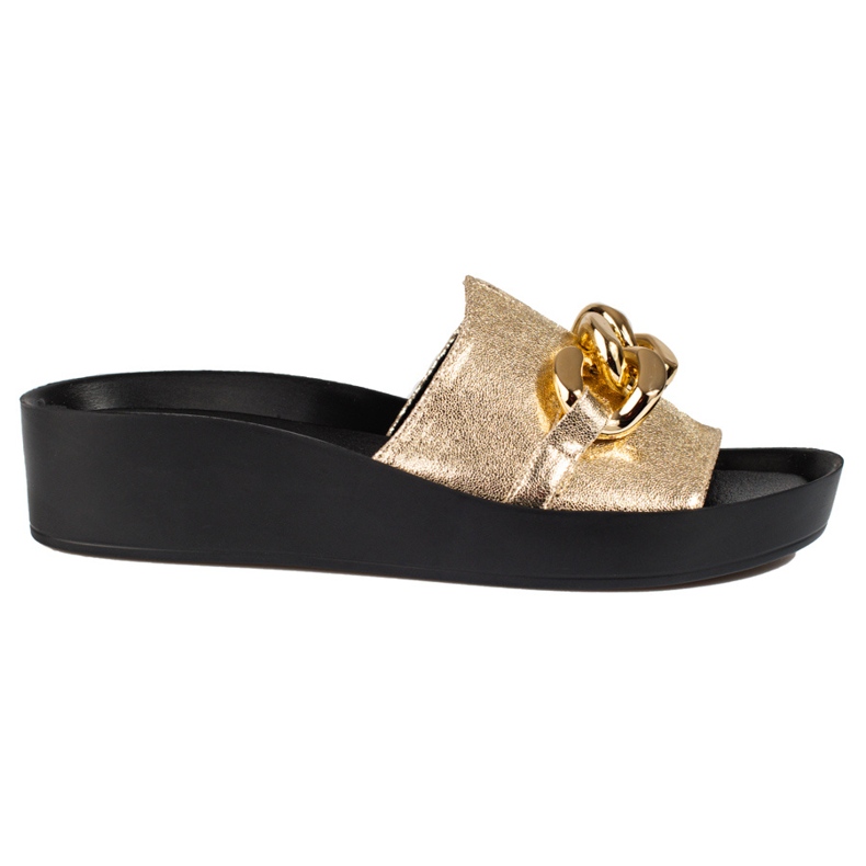 Pantoufles Shelovet dorées confortables pour femmes avec une chaîne d'or Pantoufles Shelovet dorées confortables pour femmes avec une chaîne d'or