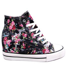 BM Baskets montantes compensées à fleurs Paradis Black le noir