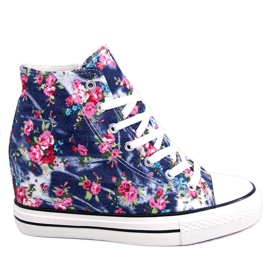 BM Baskets montantes compensées à fleurs Paradis Navy bleu