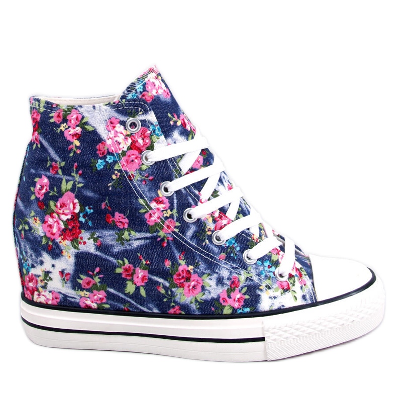 BM Baskets montantes compensées à fleurs Paradis Navy bleu