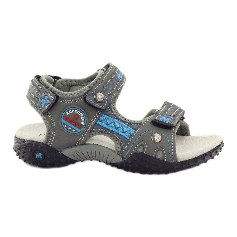 American Club Sandales velcro avec empiècement en cuir gris américain 1618 bleu