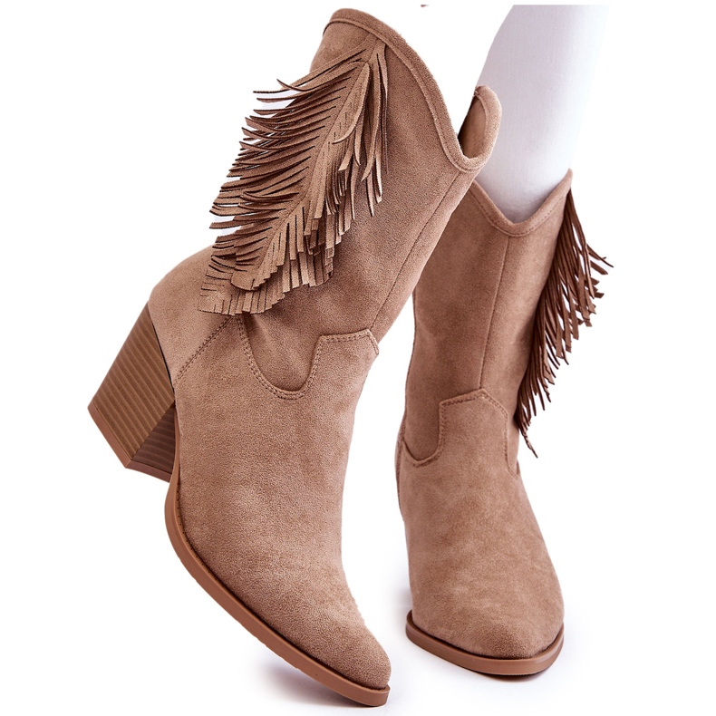 S.Barski Bottes cowboy basses en daim avec franges pour femme, beige S.Barski Bottes cowboy basses en daim avec franges pour femme, beige