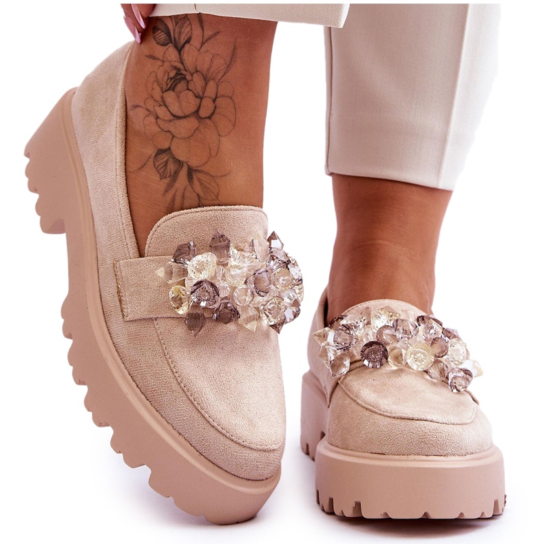 FB2 Mocassins à plateforme pour femmes avec ornements beiges Brenda