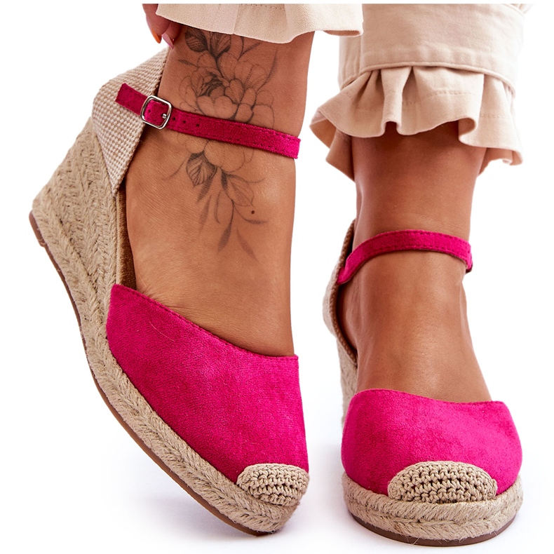 Sandales compensées espadrilles en daim cammer fuchsia rose