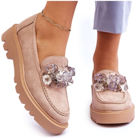 Vinceza Mocassins mode en daim avec cristaux beige Demeris