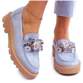 Vinceza Mocassins mode en daim avec cristaux bleu Demeris