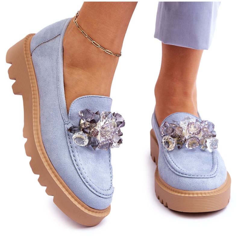 Vinceza Mocassins mode en daim avec cristaux bleu Demeris