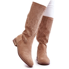 S.Barski Cuissardes Femme Daim Ajouré Beige Savane