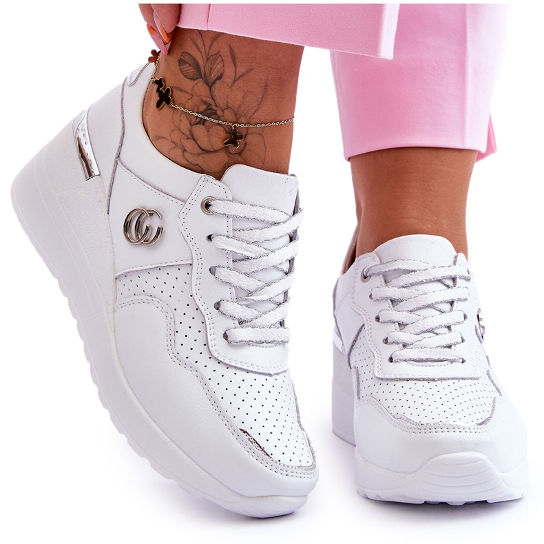 S.Barski Chaussures de sport compensées en cuir pour femme Blanc-Argent Rebeca blanche