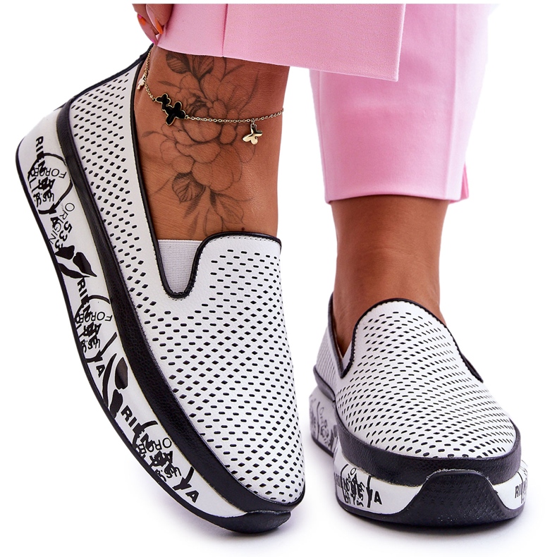 S.Barski Baskets Femme Cuir Ajouré Slip-On Blanc Sorito blanche