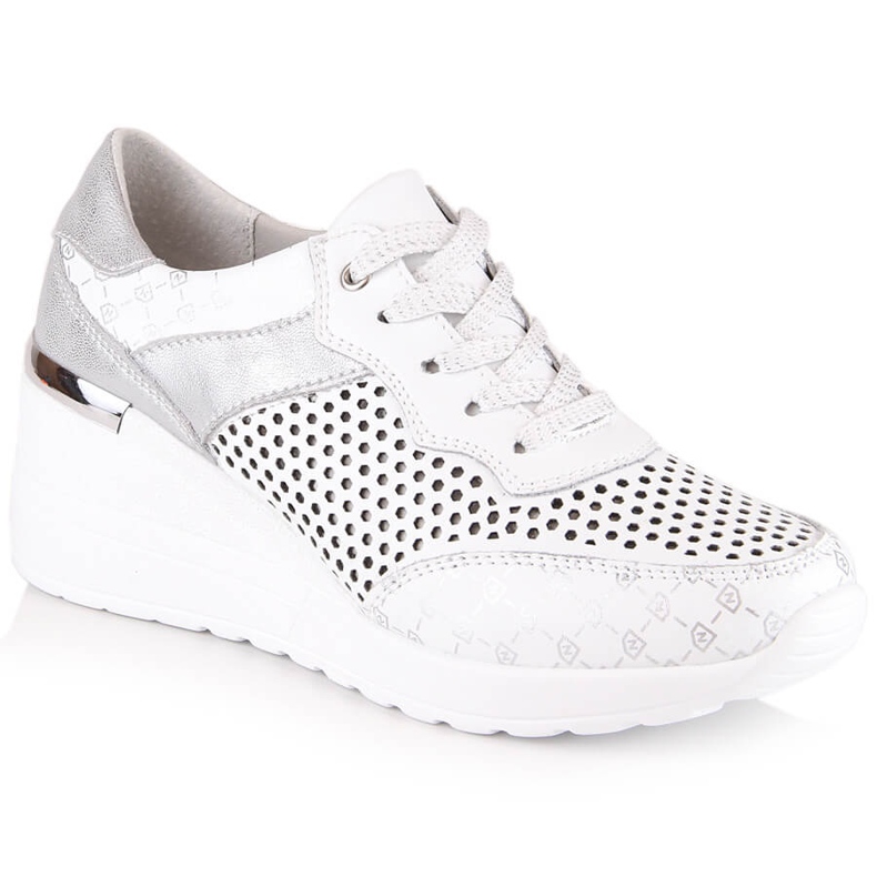 Chaussures compensées ajourées confortables en cuir blanc S.Barski LR29587 blanche