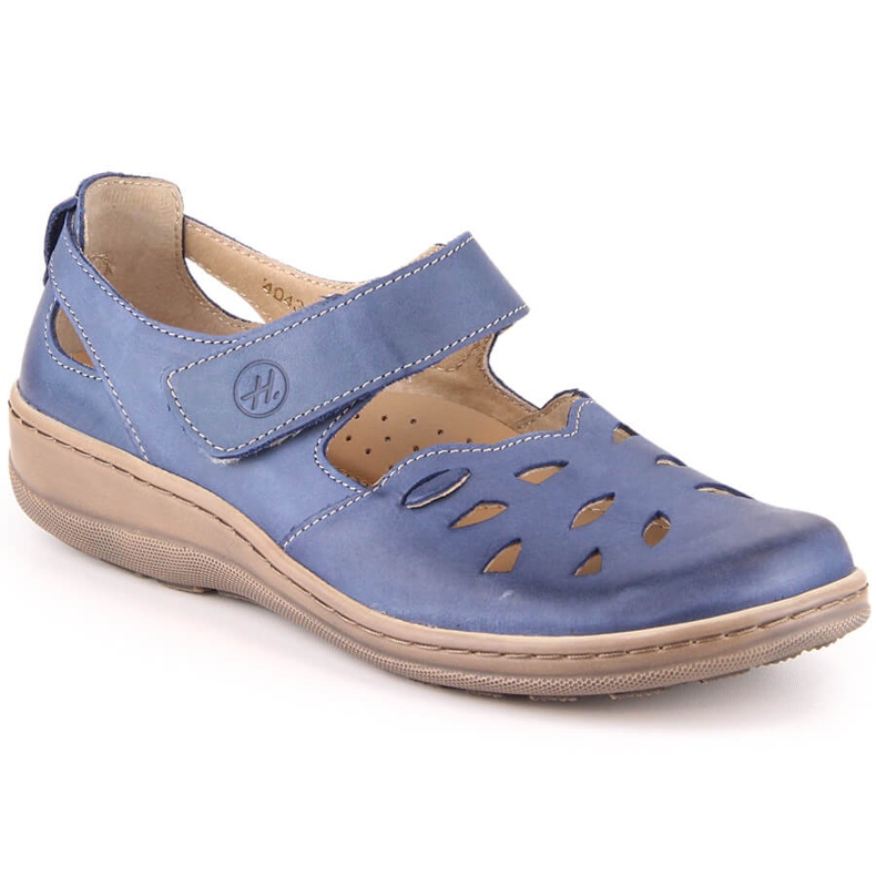 Chaussures confortables en cuir ajouré pour femme avec velcro, bleu Helios 4043
