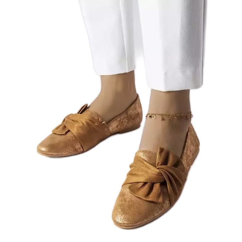 Ballerines métallisées marron à nœud Dodier d'or