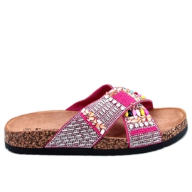 Claquettes en liège et perles Rezai Fuchsia rose