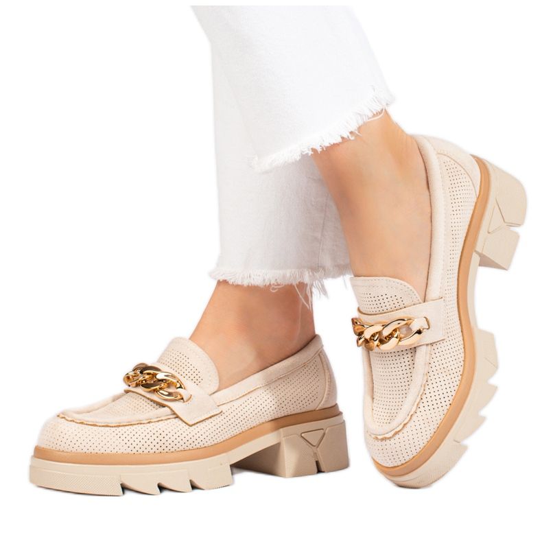 Mocassins en daim Shelovet avec chaîne beige clair