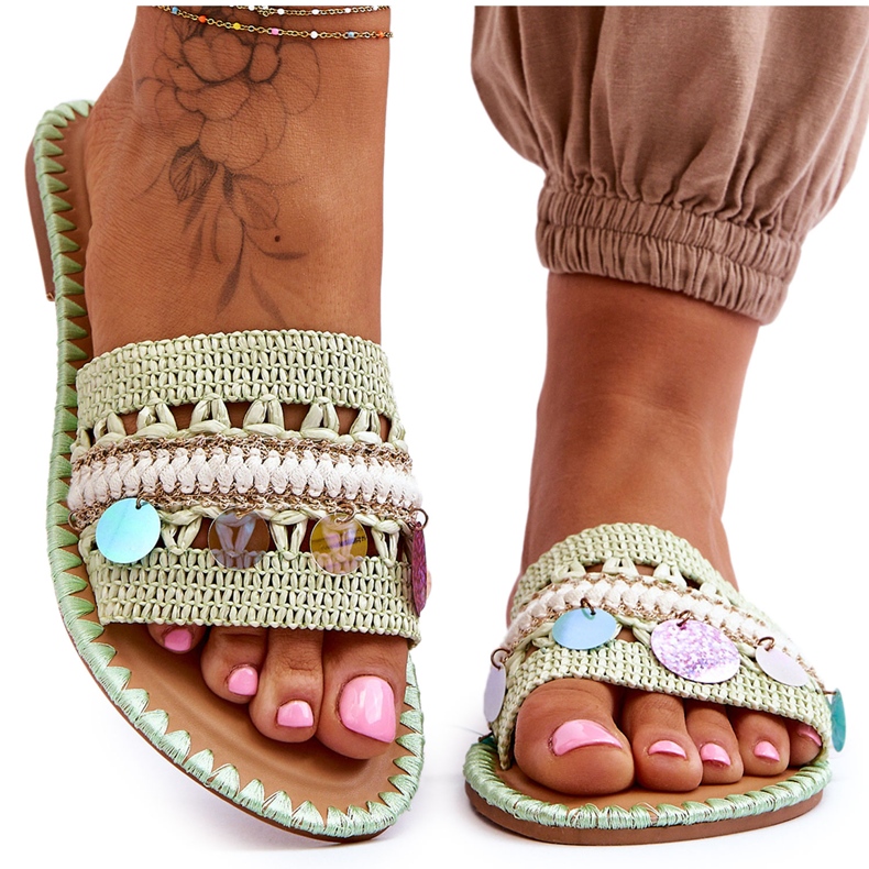PS1 Chaussons Femme Tressés Ornés Vert Millano