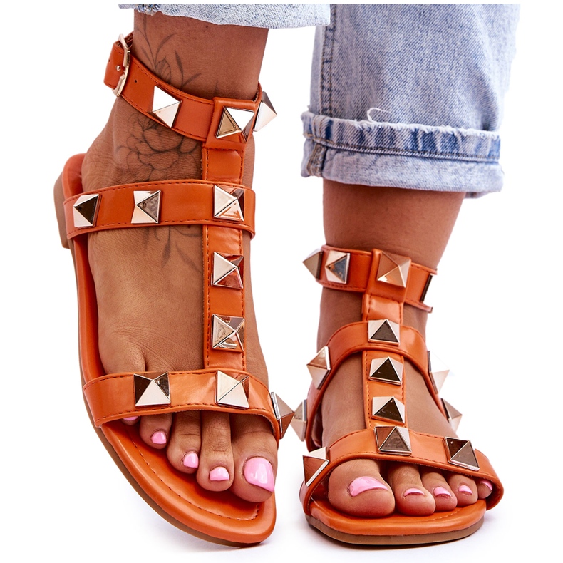 Sandales Cuir Femme Gros Clous Orange Mishigan