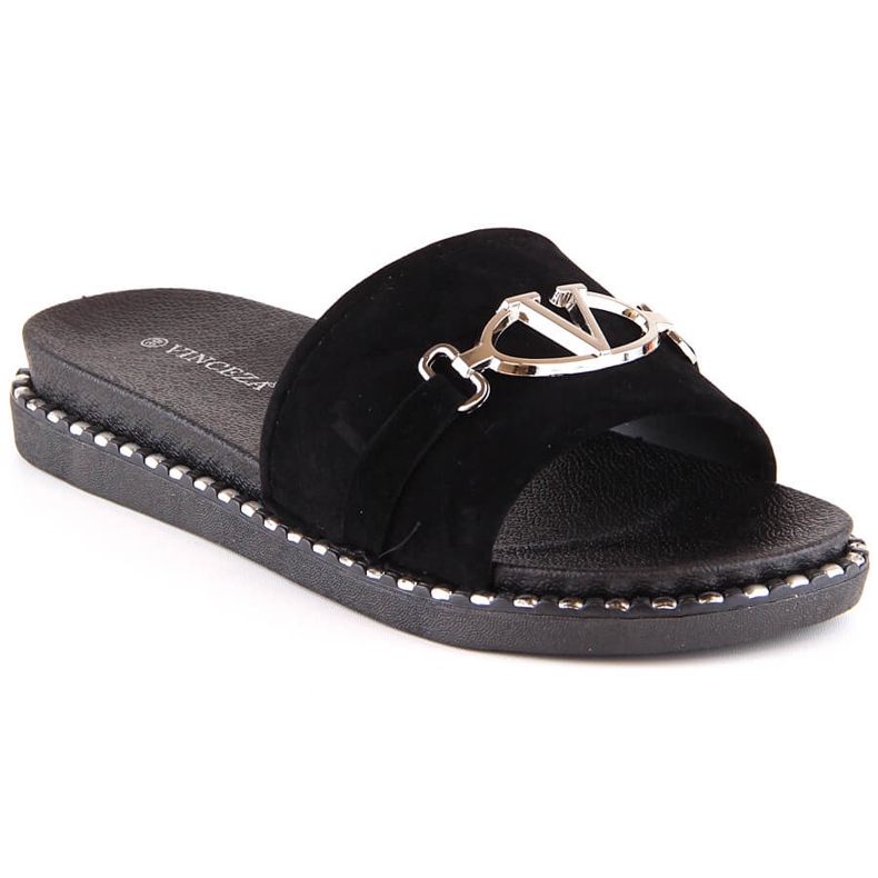 Chaussons en daim pour femmes avec une décoration noire Vinceza 30183 le noir