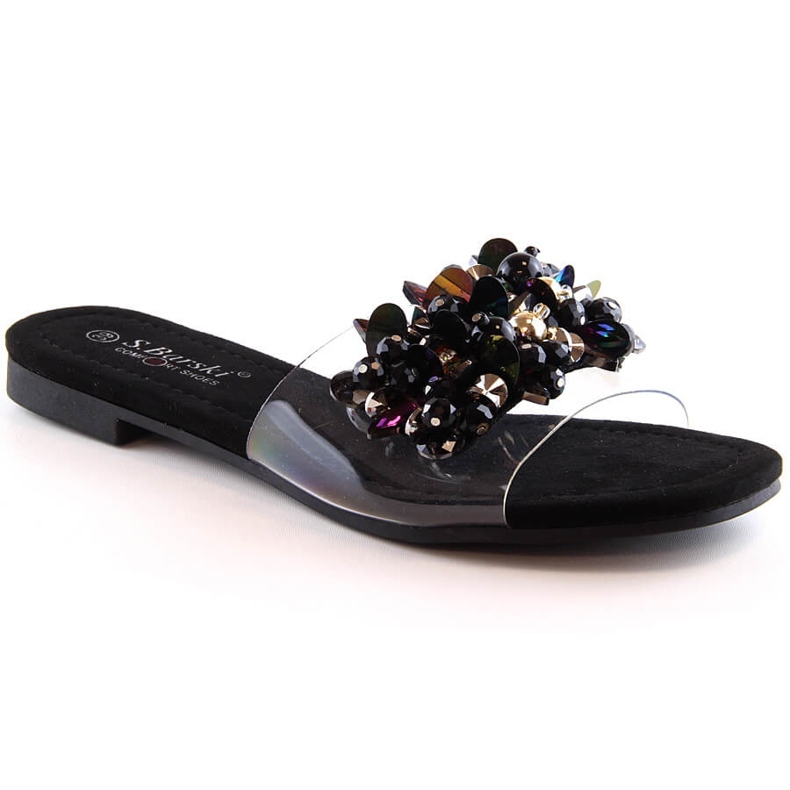 Chaussons transparents confortables pour femmes avec perles noires S.Barski Kv 576-3 le noir