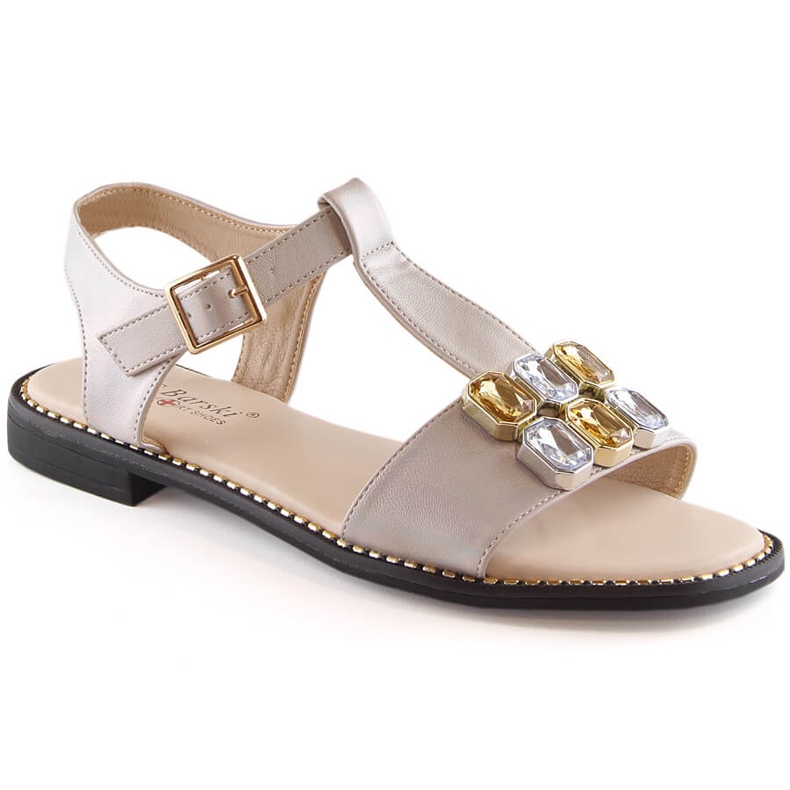 Sandales plates confortables pour femmes avec zircons beige S.Barski 2775-30