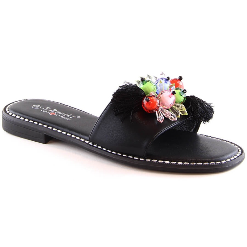 Chaussons plats noirs confortables pour femmes avec perles S.Barski Kv 2775-47 le noir