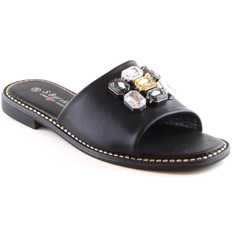 Chaussons noirs plats confortables pour femmes avec zircons S.Barski Kv 2775-31 le noir