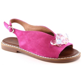 Sandales plates en daim pour femmes avec cristaux fuchsia Jezzi RMR2266-2 rose