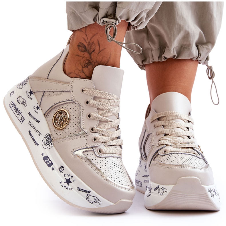 PE1 Baskets en cuir pour femmes sur une plate-forme épaisse Beige Asturias
