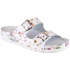 Tongs femme confortables en cuir à fleurs Helios 288 blanche