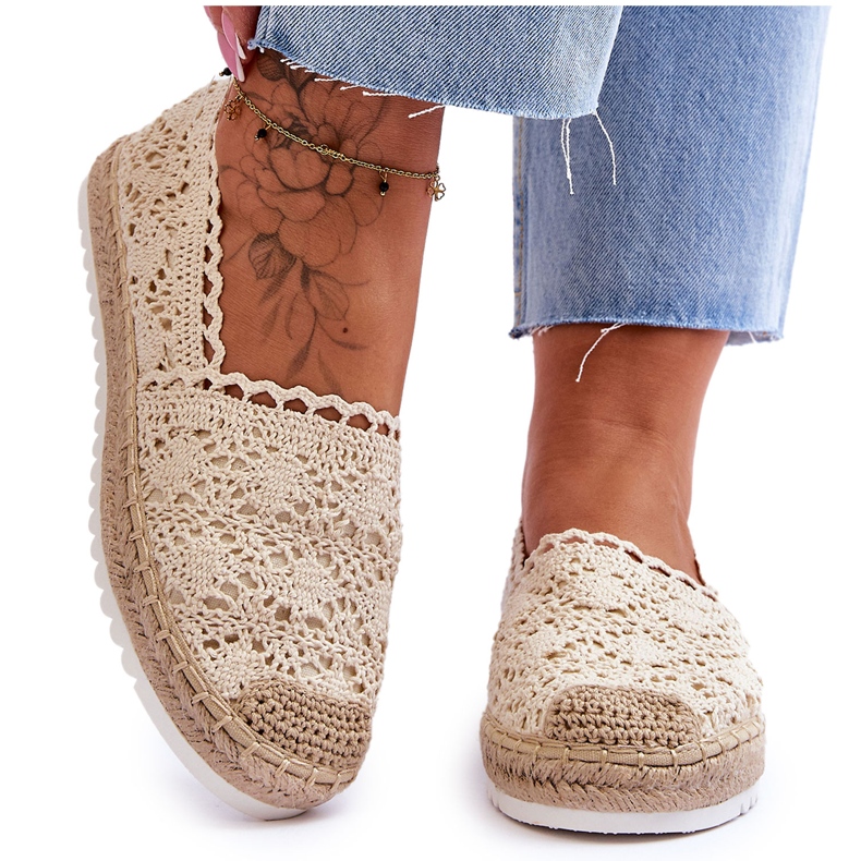 Espadrilles à Enfiler en Dentelle Beige Blanco