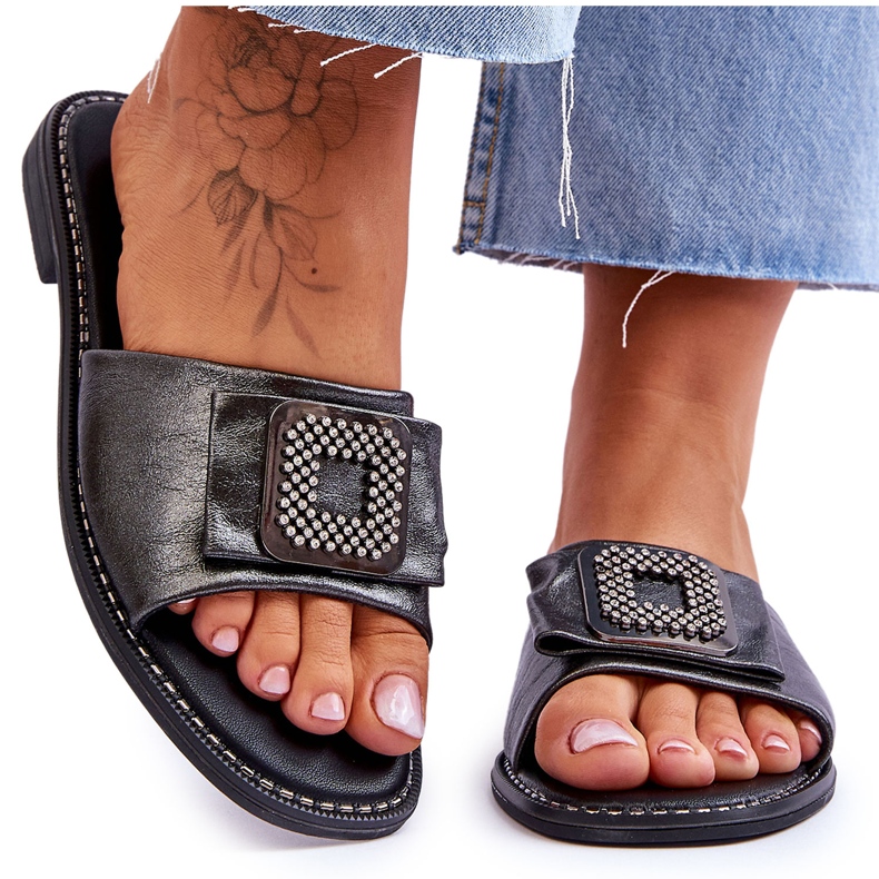 Chaussons Femme En Cuir Avec Strass S.Barski KV-2775-33 Argent Foncé