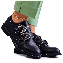 LU BOO Chaussures en cuir de l'éco-cuir avec des boucles et des goujons noirs le noir