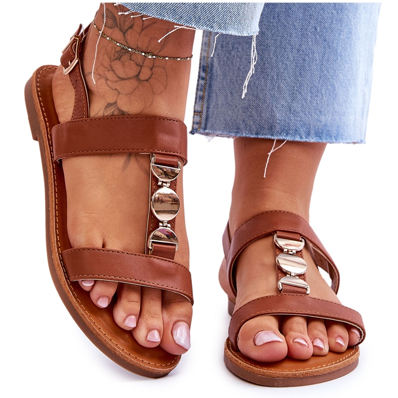 Sandales Plates Femme À Bride Décorative Baie Brune