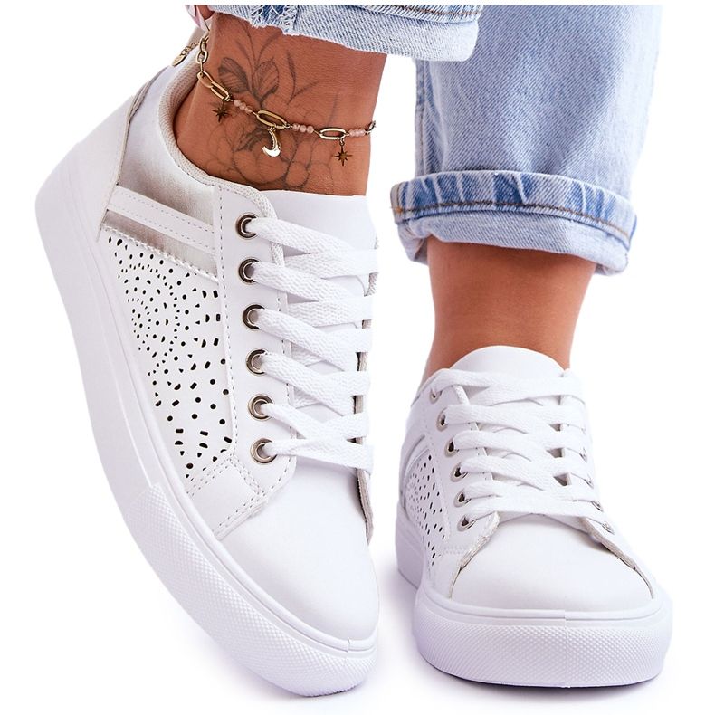 Chaussures De Sport Classiques Avec Motif Ajouré Blanc Et Argent Happier blanche