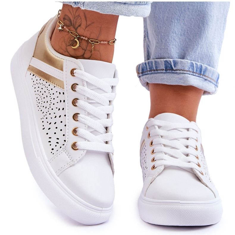 Chaussures De Sport Classiques Avec Motif Ajouré Blanc Et Or Happier blanche