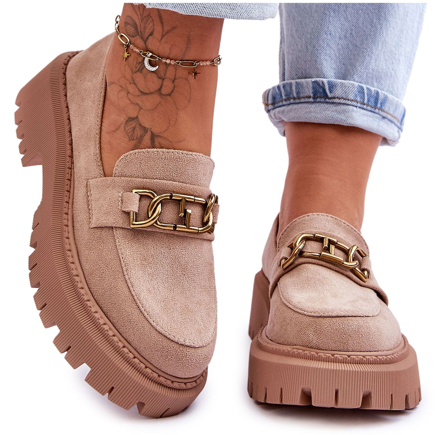 Mocassins plateforme en daim pour femme Beige Larey