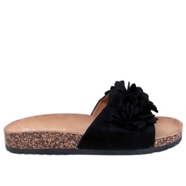BM Pantoufles Fowley en liège à fleurs noires le noir