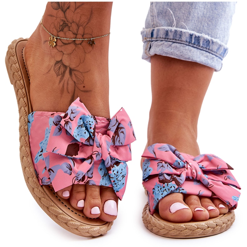 FK1 Claquettes Femme Avec Nœud En Tissu Fleur Rose