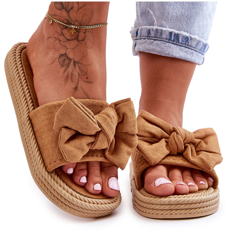 FK1 Chaussons en daim avec nœud Camel Fency pour femme brun