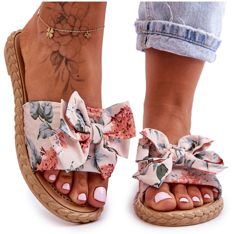 Chaussons Femme Avec Nœud En Tissu Fleur Beige Chaussons Femme Avec Nœud En Tissu Fleur Beige