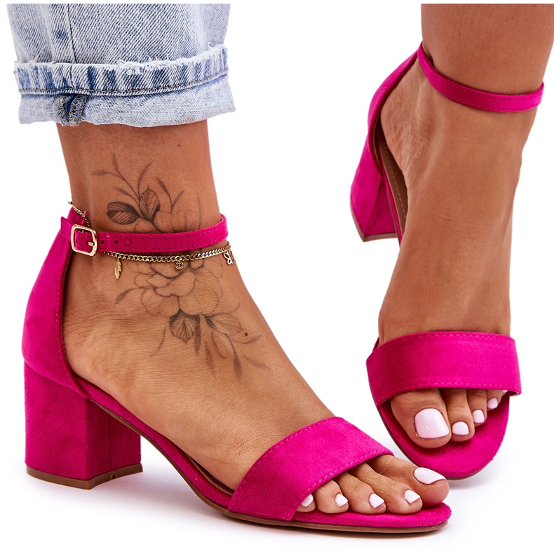 Sandales à talons bas classiques en daim lune de miel fuchsia rose