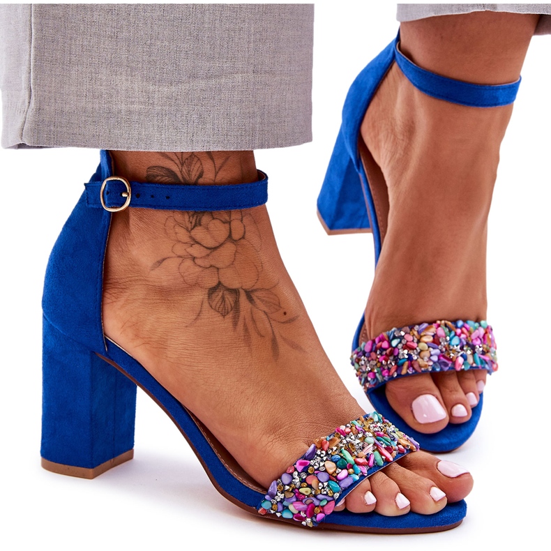 Sandales à talons hauts à la mode avec des pierres décoratives Blue Love Me bleu