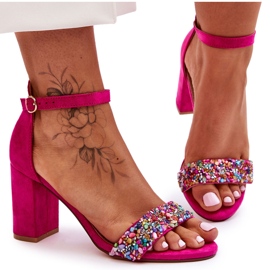 Sandales à talons hauts à la mode avec des pierres décoratives Fuchsia Love Me rose
