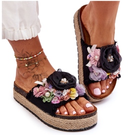 Matière Chaussons Avec Fleurs Noir Nessa