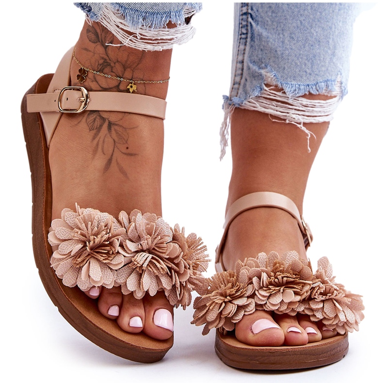 Sandales Femme Avec Fleurs En Tissu Beige Fiori