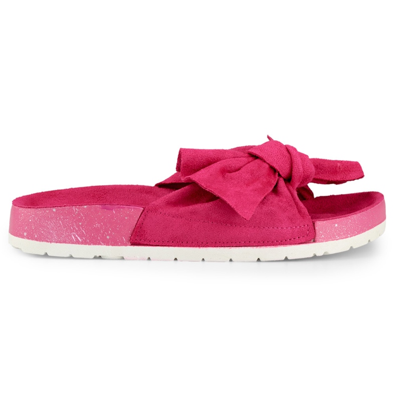 Chaussons femme en daim fushia avec nœud rose