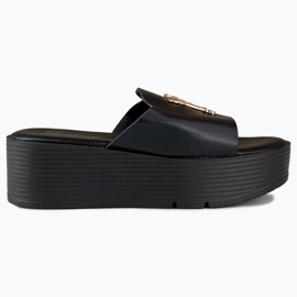 Sandales compensées noires pour femme avec décoration dorée