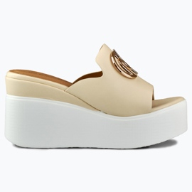 Élégantes pantoufles compensées beiges pour femmes Élégantes pantoufles compensées beiges pour femmes